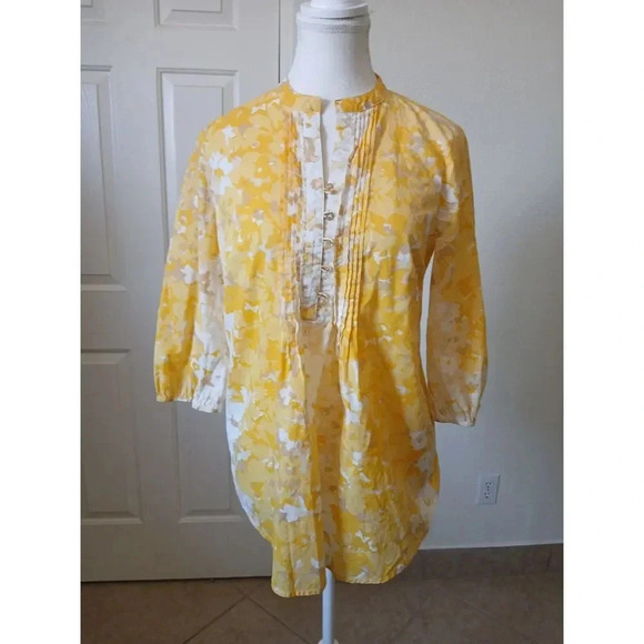 Liz Clairborne Womens Tunic Blouse size XS Yellow Floral Roll button front - Picture 1 of 14